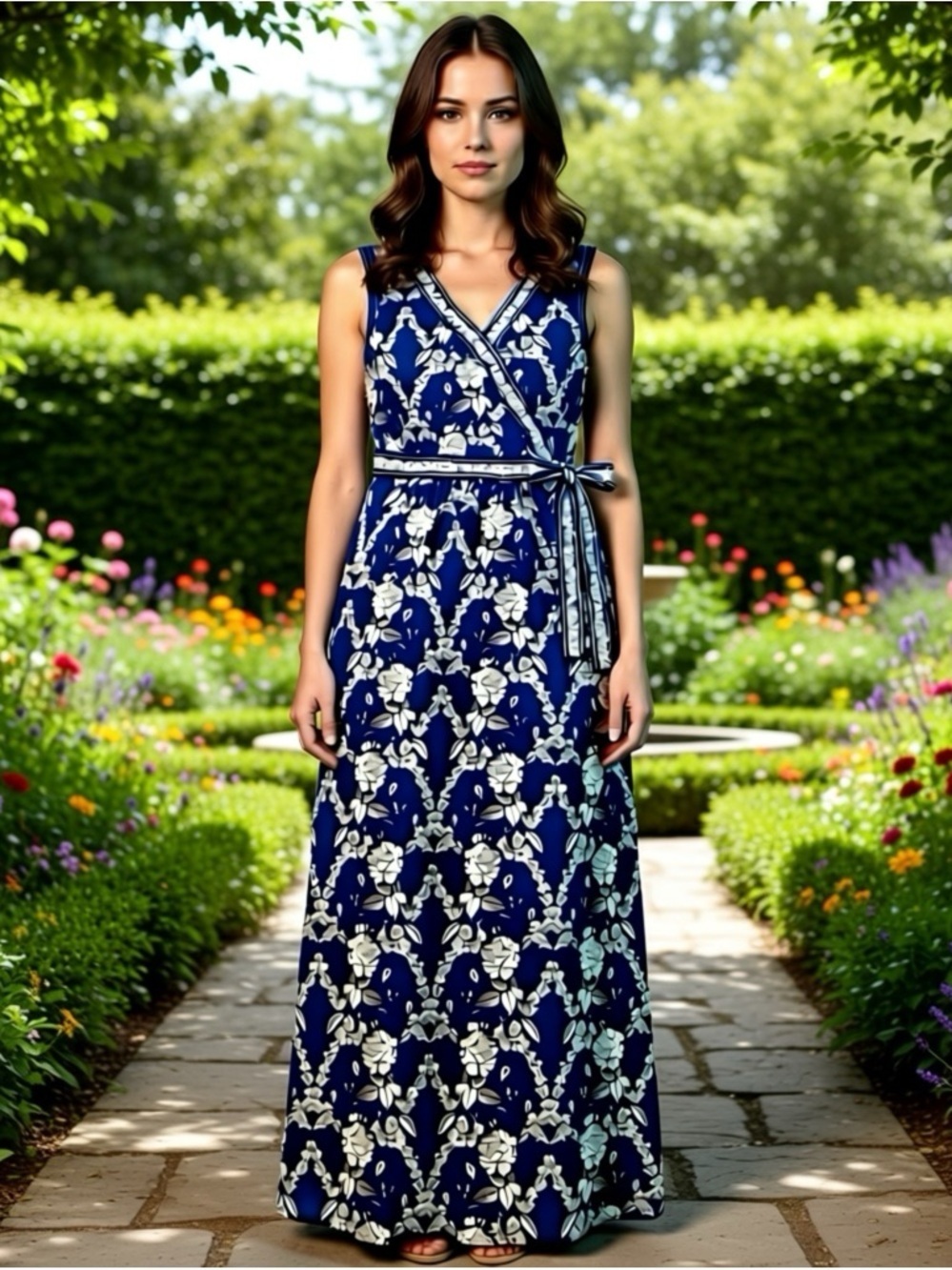 Max Studio Maxi Dress Slit Blue White Floral Size Small Stretchy Vneck Sleeveles